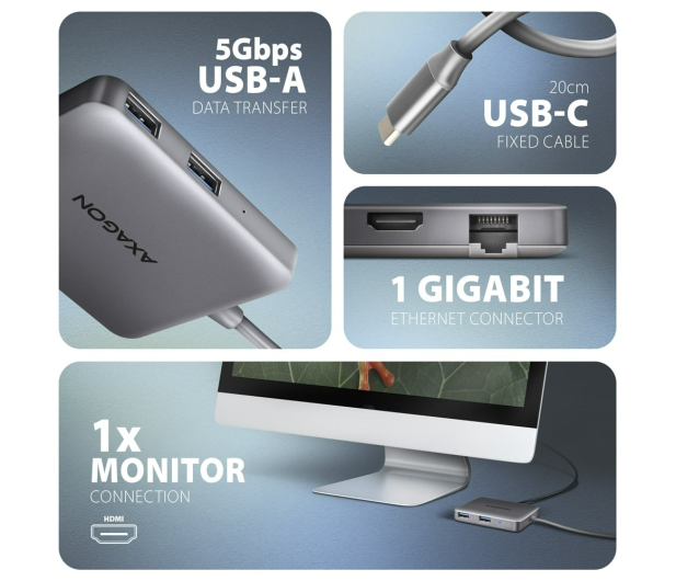 Axagon HMC-5HL, USB 5Gbps hub, 2x USB-A, HDMI 4k/60Hz, RJ-45 GLAN - 1353437 - zdjęcie 2